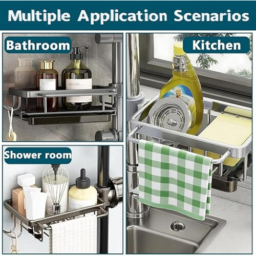 Kitchen Sink Faucet Organizer Adjustable Sponge Holder Caddy Grey 1