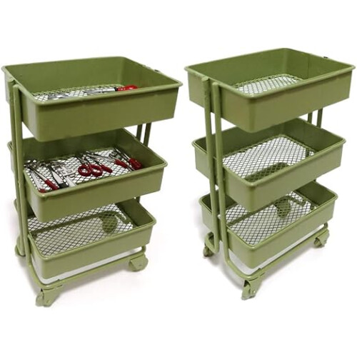 Mini Trolley Storage Rack with Wheels Dollhouse Shelf Display Green 1