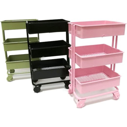 Mini Trolley Storage Rack with Wheels Dollhouse Shelf Display Green 2