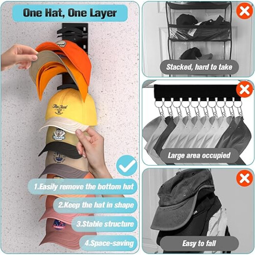 Hat Organizer for Baseball Caps Wall Mount Adhesive Holder Black 2