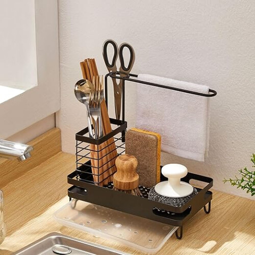 Kitchen Sink Organizer Rack Countertop Sponge Holder Drain Shelf Black 1