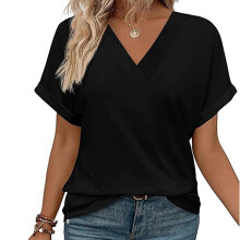 (XXL, Black) Summer V Neck Top for Women with Dolman Sleeves Fashionable Short Sleeve Casual Loose Fit T-Shirt Blouse for Daily Wear White XL