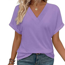 (S, Purple) Summer V Neck Top for Women with Dolman Sleeves Fashionable Short Sleeve Casual Loose Fit T-Shirt Blouse for Daily Wear White XL