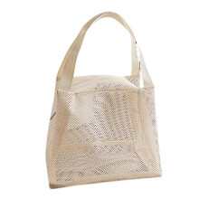(Beige) Breathable Mesh Cosmetic Storage Bag Transparent Travel Organizer Spacious Toiletries Container with Portable Handle Grey