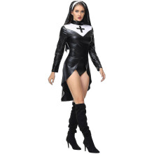 (S) Womens Nun Costumes Sexy PU Leather Nun Fancy Dress