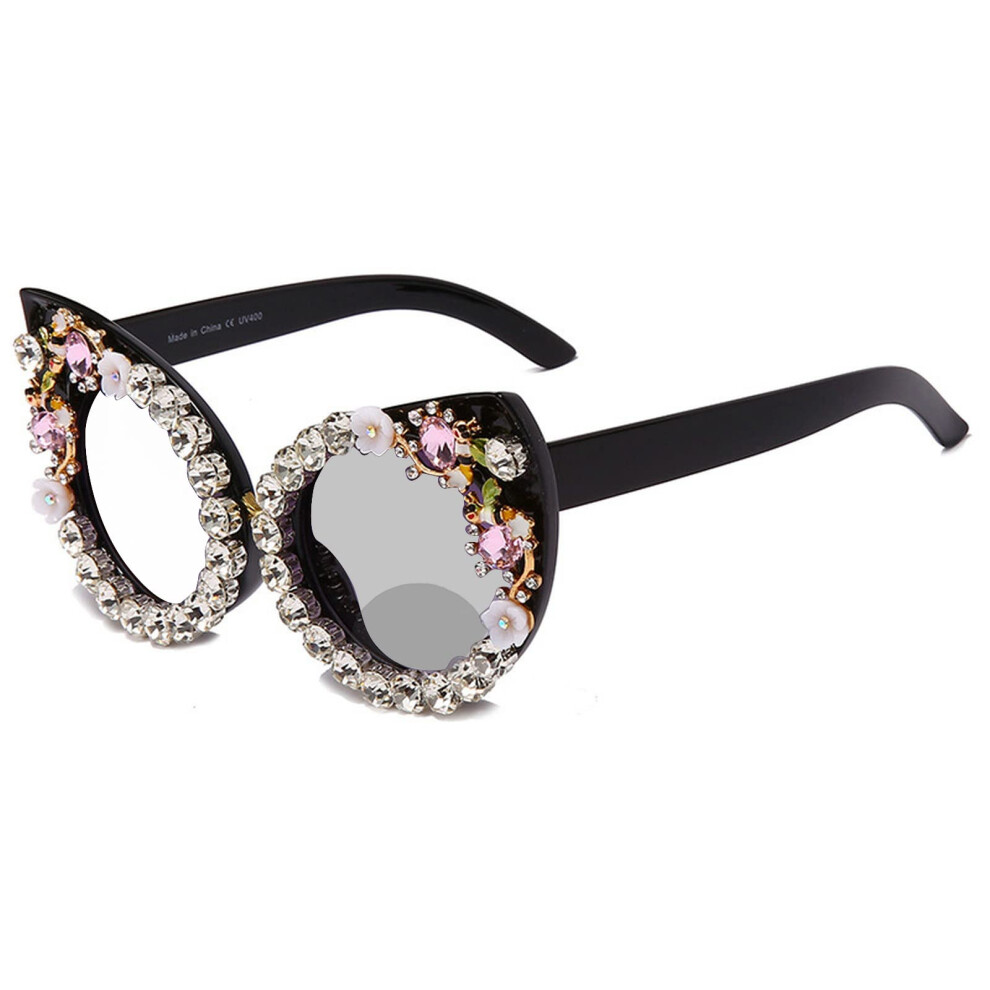 Black Cat Eye Rhinestone Reading Glasses For Women 3.0X Magnification Photochromic Bifocal Sunglasses
