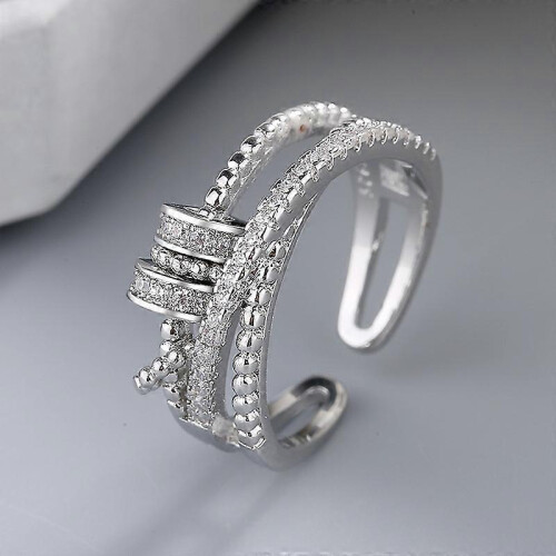 (Silver) Fidget Ring, Anxiety Ring for Women, Silver Ring with Beads Spinner Ring, Stress Reliever Spinner Rings, Adjustable Open Ring 2