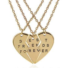 (Gold) 3pcs Personalized Best Friends Forever Necklace Stainless Steel Engraved Puzzle Heart Friendship Pendant Necklaces Gift
