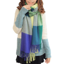 Women's Fashion Long Shawl Big Grid Winter Warm Lattice Large Scarf Blue-Green