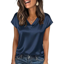 Casual Satins Silk Shirt Blouse V Neck Short Sleeve-Navy Blue L