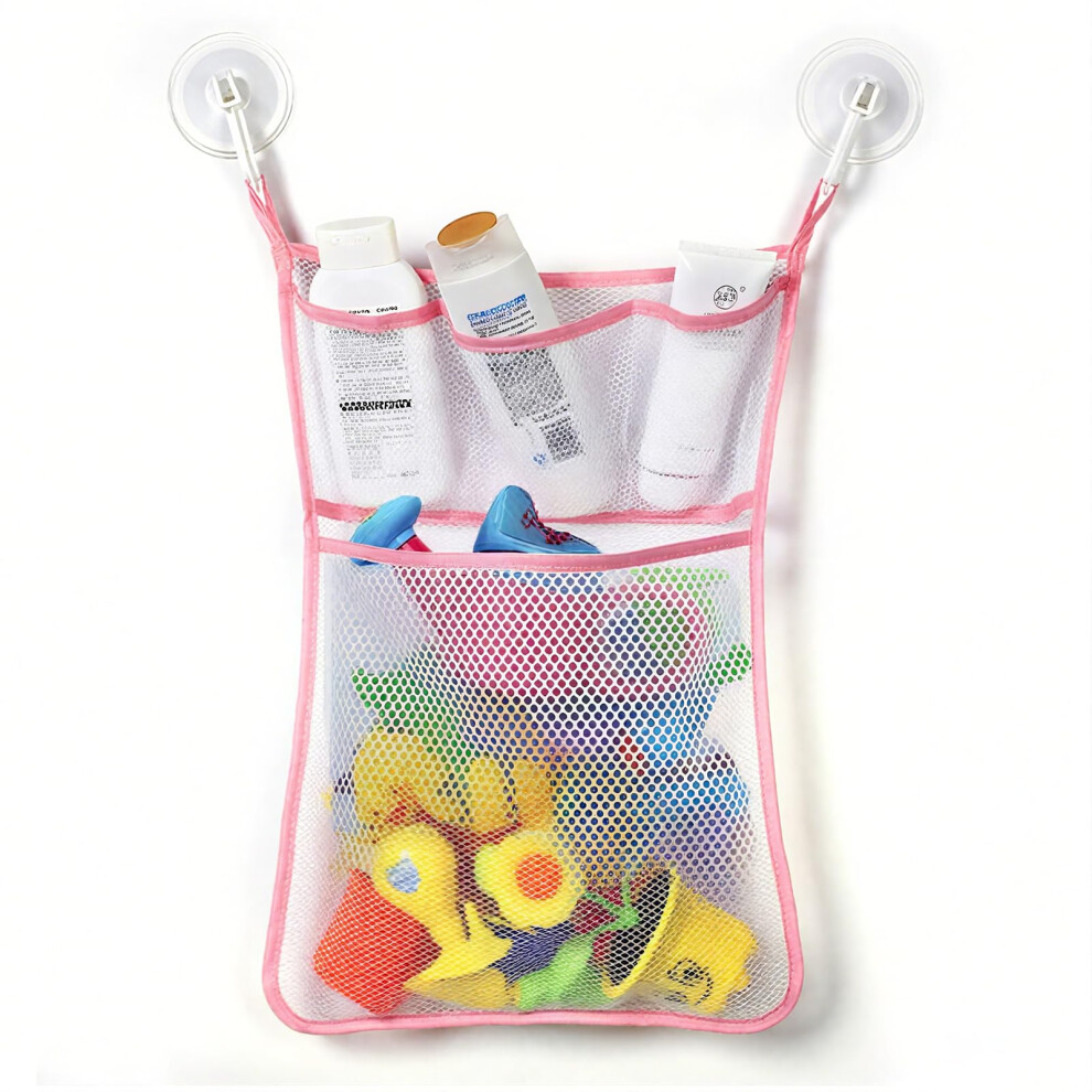 Pink Bath Toy Storage with Suction Cups, Quick‑Drain Mesh Four‑Pocket Organizer for Bathtub