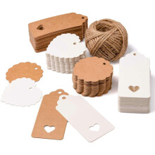 Gift Tags, 200PCS Kraft Paper Tags Vintage Wedding Favor Brown White Gift Tags Rectangle Scalloped Heart Hang Tags Labels