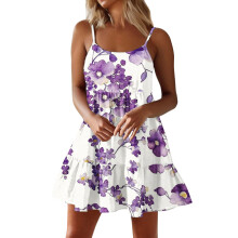 Women Spaghetti Strap Ruffle Tiered Short Flowy Dress-Purple M