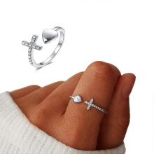 (Silver) To My Daughter Pray Through It Cross & Heart Ring - Sterling Silver 925 Adjustable Open Cross Love Rings, Never Give Up