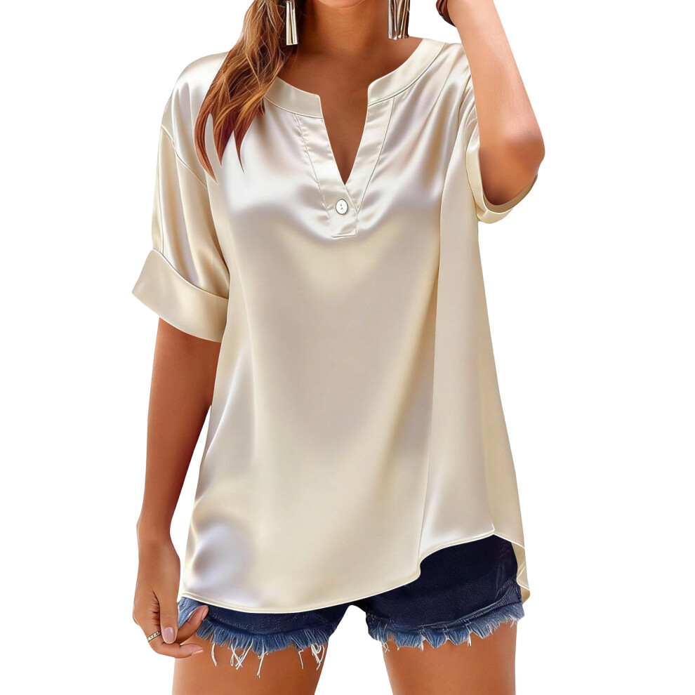 Beige Women's Silk Short Sleeve V Neck Button Down Shirts- Xl