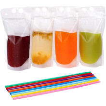 Clear Drink Pouches with Straws Reclosable Zipper Stand-up Plastic Bags 20pcs