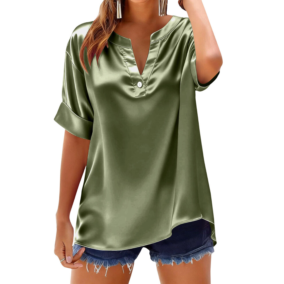 Green Women's Silk Short Sleeve V Neck Button Down Shirts- Xl