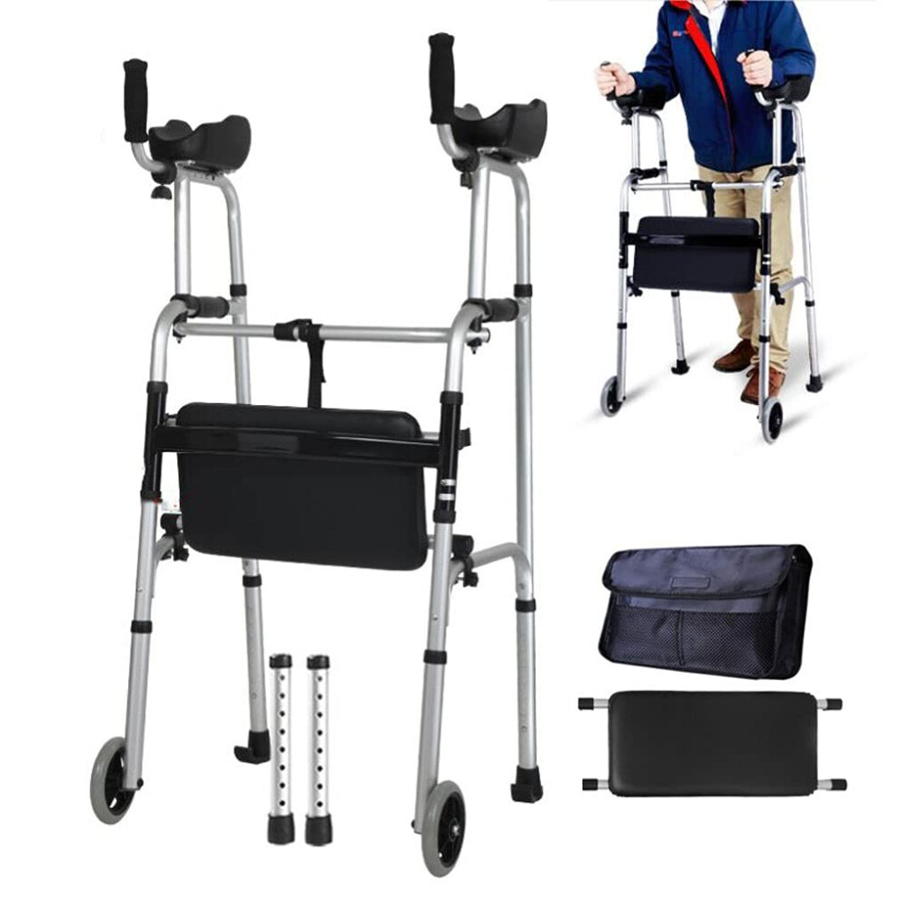 Lightweight Folding Rollator Walker with Adjustable Height Armrest Support, Padded Seat and Bag for Elderly