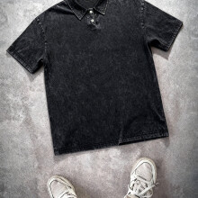 (Black, 44) Camisa pesada lavada y desgastada de 240g para hombre, marca de moda primavera/verano, ajuste holgado, versátil,