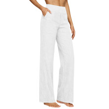Dames ademend katoenlinnen hoge taille strandbroek met-Witte M