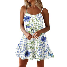 Women Spaghetti Strap Ruffle Tiered Short Flowy Dress-White XL
