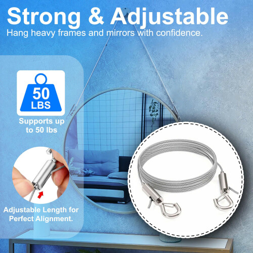 Picture Hanging Kit for Frames and Mirrors with Adjustable Heavy Duty Wire, 50 lb Capacity, 4 pcs Set 1
