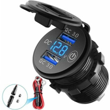 Carregador de carro 12V, corpo em liga de alumínio, duas portas USB QC3.0 para carregamento rápido, interruptor de toque e visor LED digital