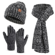 Gorro de invierno cálido para mujer, guantes para pantallas táctiles, bufanda larga, gorro de punto acanalado con forro polar y pompón.