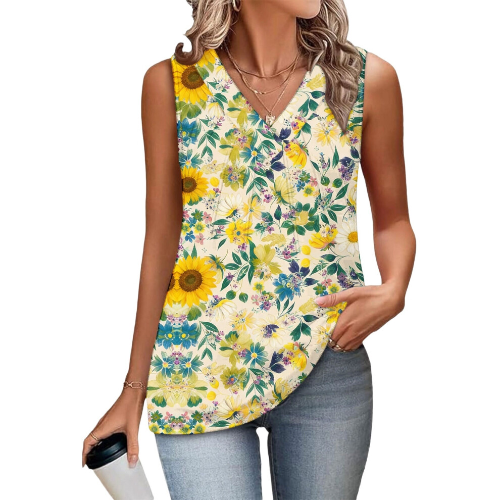 Yellow Women's Sleeveless Tops, Loose Fit, V-Neck, Summer,- L