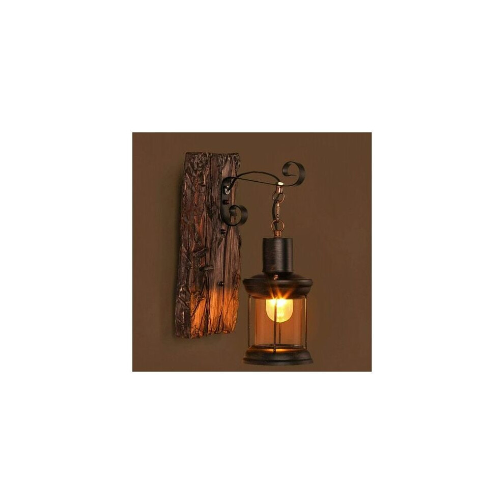 Vintage Wood Metal Wall Lamp, Clear Glass Shade Industrial Fixture, E27 Bulb Base For Restaurants, Cafes Light 3545974753899