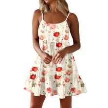 Women Spaghetti Strap Ruffle Tiered Short Flowy Dress-Orange S