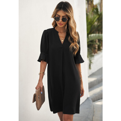 Γυναικείο φόρεμα-πουκάμισο με V ντεκολτέ και βολάν, απλό, casual καλοκαιρινό