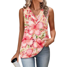 Women's Sleeveless Tops, Loose Fit, V-Neck, Summer,-Pink S