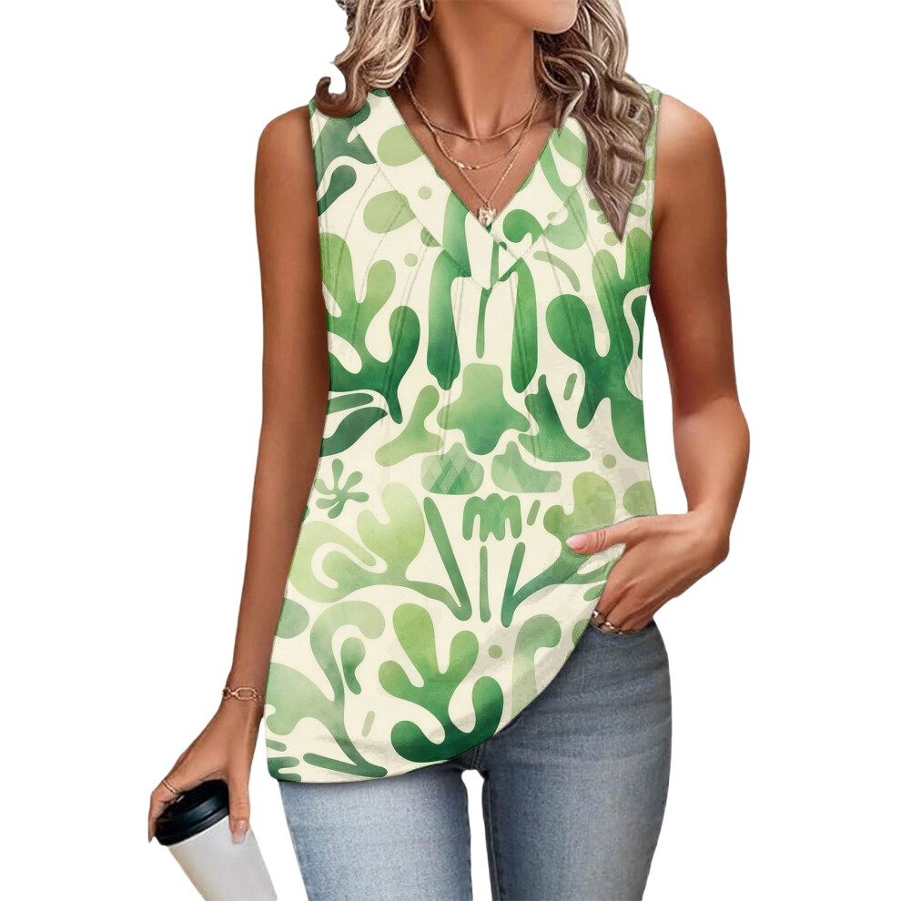 Turquoise Women's Sleeveless Tops, Loose Fit, V-Neck,- Xl
