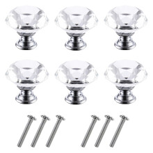 6 Pack Diamond Crystal Cabinet Knobs 30mm Silver Glass Drawer Pulls for Dresser Kitchen Cabinets