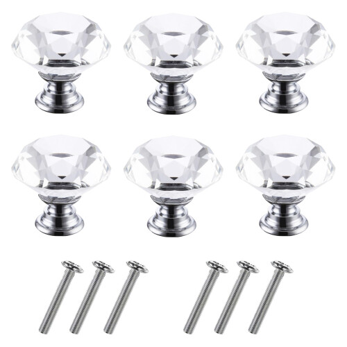 6 Pack Diamond Crystal Cabinet Knobs 30mm Silver Glass Drawer Pulls for Dresser Kitchen Cabinets