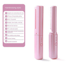 (Pink) Portable Wireless Electric Hair Brushes Heating Straight Curly Negative Ion Hot Straightener Comb USB Charge Home Travel Women
