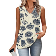 Women's Sleeveless Tops, Loose Fit, V-Neck, Summer,-Beige XXL