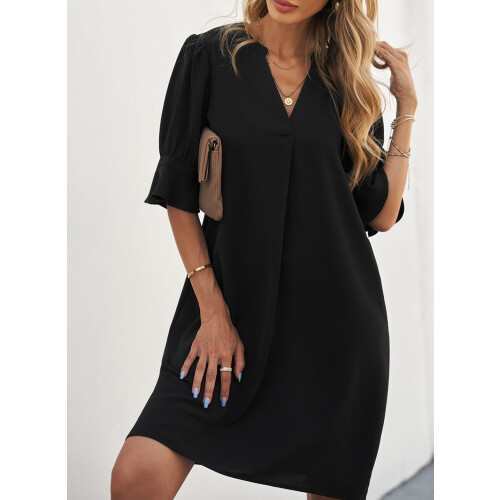 Abito a camicia da donna con scollo a V e volant, semplice abito estivo casual 1
