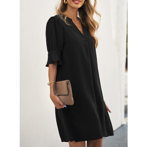 Abito a camicia da donna con scollo a V e volant, semplice abito estivo casual 2