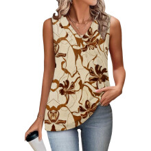 Women's Sleeveless Tops, Loose Fit, V-Neck, Summer,-Brown L
