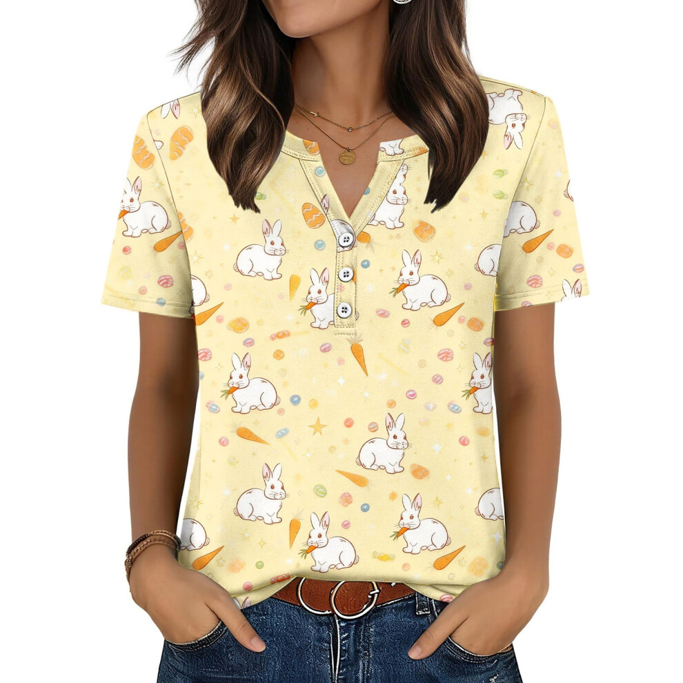 Yellow Women's T-Shirts, V-Neck, Short Sleeve, Elegant Casual- M
