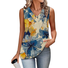 Women's Sleeveless Tops, Loose Fit, V-Neck, Summer,-Blue S
