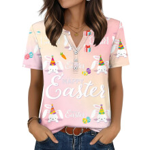 Women's T-Shirts, V-Neck, Short Sleeve, Elegant Casual-Pink XL