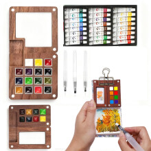 Watercolor Paint Set with 24 Vibrant Pigments, Dual Palette System and Brushes for Travel Artists