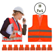 Visibility Safety Vest 10 Pack Orange, Reflective Mesh with 360 Coverage for Construction Workers
