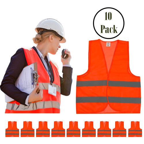 Visibility Safety Vest 10 Pack Orange, Reflective Mesh with 360 Coverage for Construction Workers