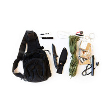 Emergency Survival Kit with Durable Full‑Tang Knife, Waterproof LED Flashlight, Tactical Bug Out Backpack (Black)