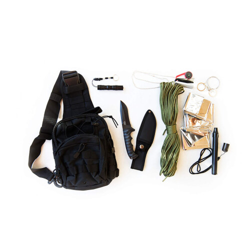 Emergency Survival Kit with Durable Full‑Tang Knife, Waterproof LED Flashlight, Tactical Bug Out Backpack (Black)