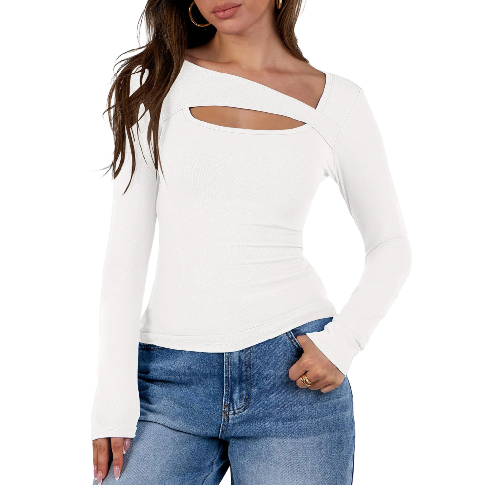 Women's openwork top, fashionable and sexy long-sleeved-White S